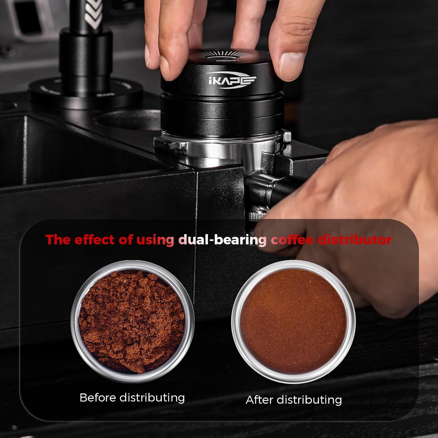IKAPE 58.35MM Newly Upgrade Espresso Coffee Distributor, Coffee Dual-Bearing & High-Speed Distribution Tools, Adaptive Height Coffee Tamper Leveler for Over 58mm Portafilters
