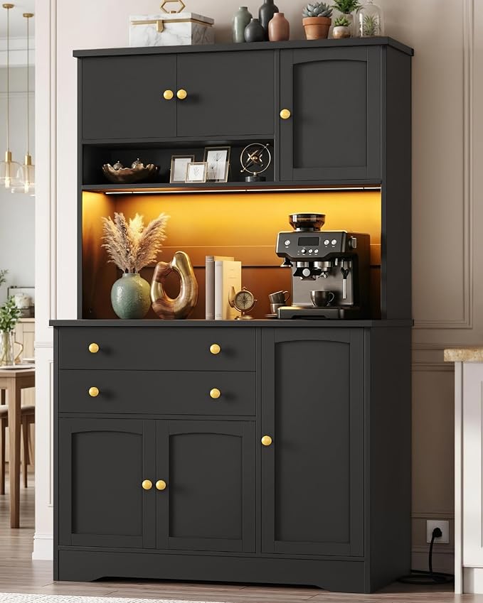 RALGEND Pantry Cabinet with Charging Station and LED Light, Kitchen Hutch by RALGEND