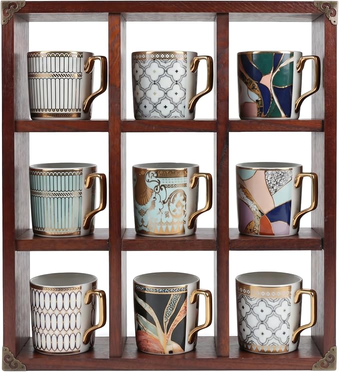 9 Slot Coffee Mug Display Rack - 17in Wall Mounted | Solid Wood by MITREL