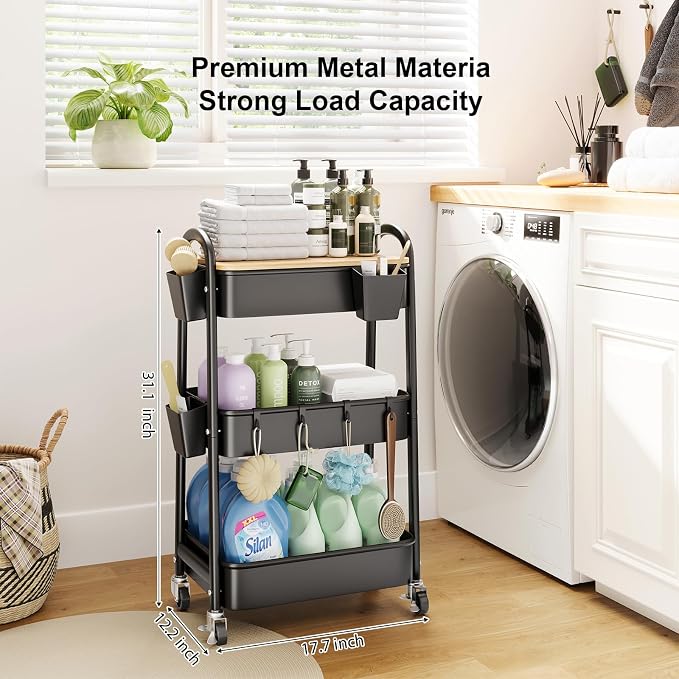 3 Tier Metal Rolling Cart with Wheels and Wooden Table Top, Three Tiered Craft - Image 4