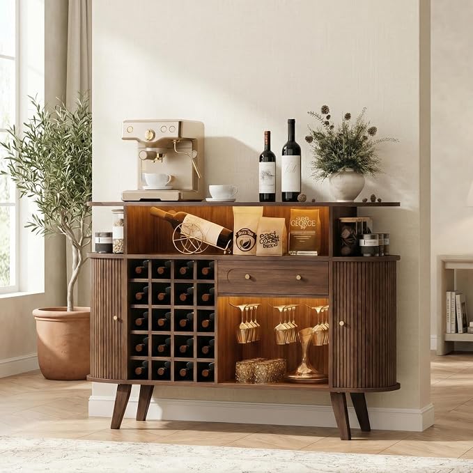 Loomie Wine Bar Cabinet with LED Light, Mid Century Modern Liquor Cabinet– by LOOMIEDirect