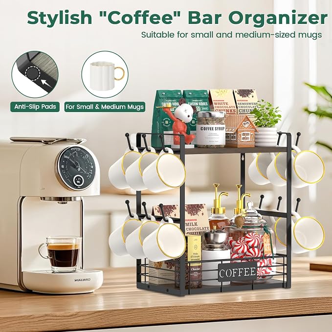 EsLuker.ly Coffee Mug Cup Holder Tree Bar Station Organizer, 2 Tier Mug Stand - Image 5