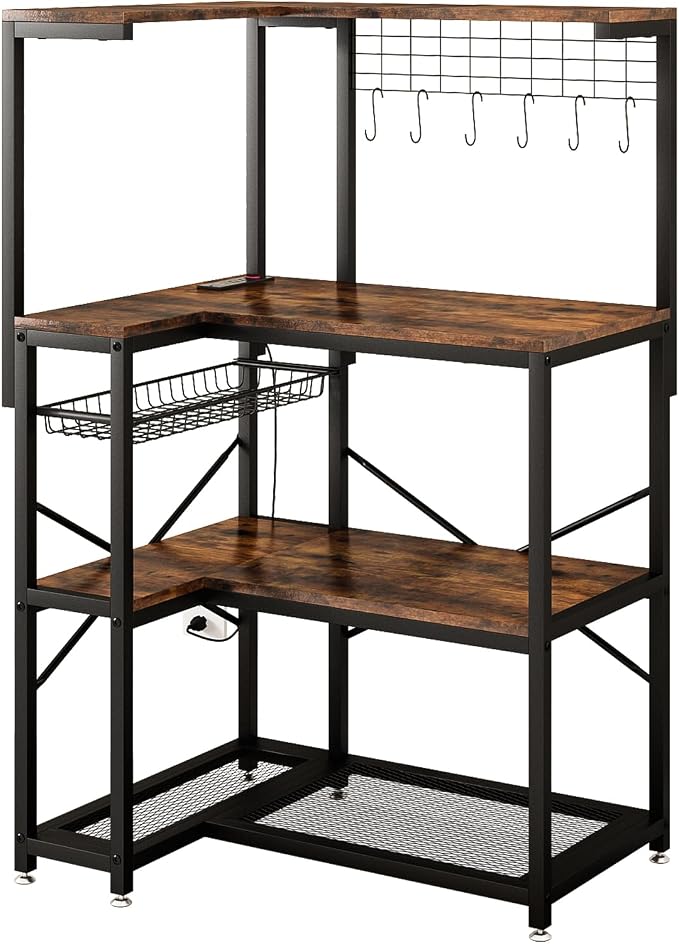 L-Shaped Bakers Rack with Power Outlet, 4-Tier Corner Microwave Stand with by METYERRY