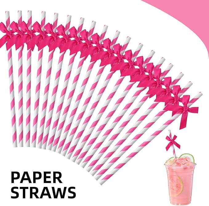 20pcs Rose Red Bow Straw, 7.7inch Biodegradable Cute Paper Cake Pops Treat - Image 3