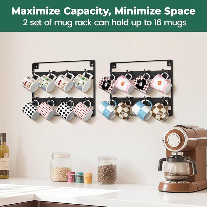 EsLuker.ly Mug Holder Hanger Rack Wall Mounted Wooden 2 Pack Coffee Cup Storage - Image 5