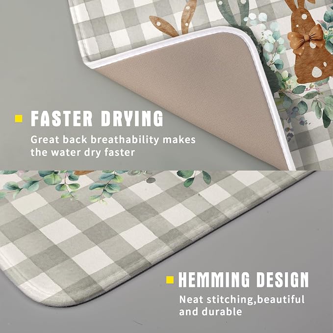 Spring Bunny Dish Drying Mats for Kitchen Counter, Rabbits Leaves Grey Buffalo - Image 3