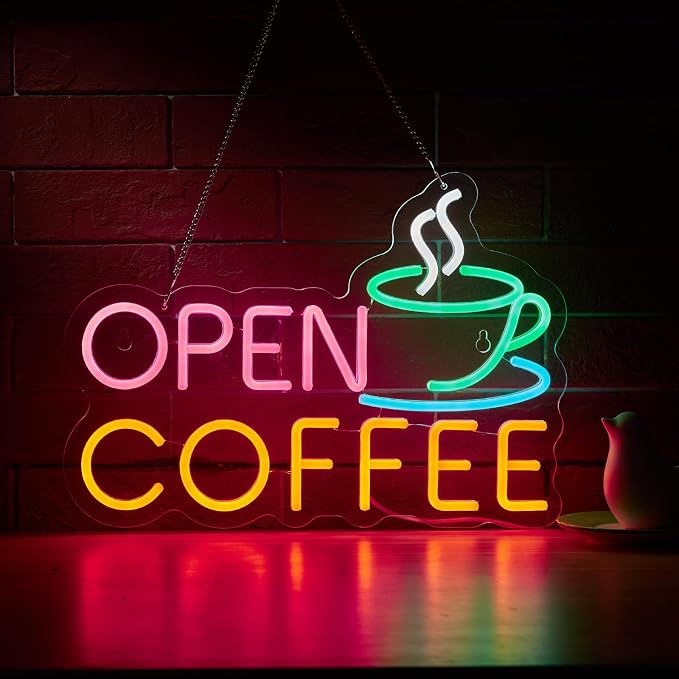 Coffee Open Neon Sign for Coffee Bar Wall Décor Dimmable Business Shop LED Neon by Unknown