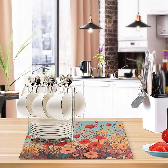 Autumn Poppy Flowers Coffee Mat Coffee Bar Maker Station Pot Spill Machine Pad - Image 5