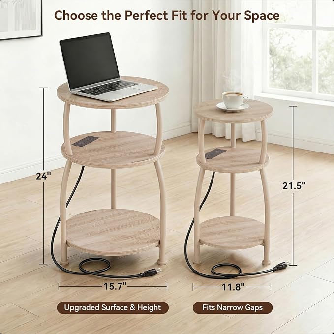 Round Side Table with Power Outlet & USB Ports, 3-Tier End Table with Storage - Image 3