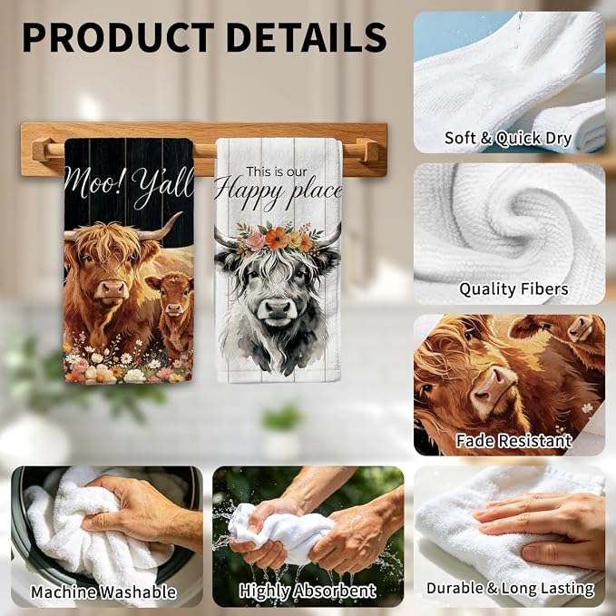MAYJOYDIY 4 Pcs Highland Cattle Kitchen Towels Farmhouse Western Cow Microfiber - Image 4