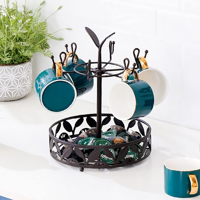 Coffee Mug Holder with Coffee Pod Basket Storage, Rotatable 6-capacity Cup Mug - Image 2