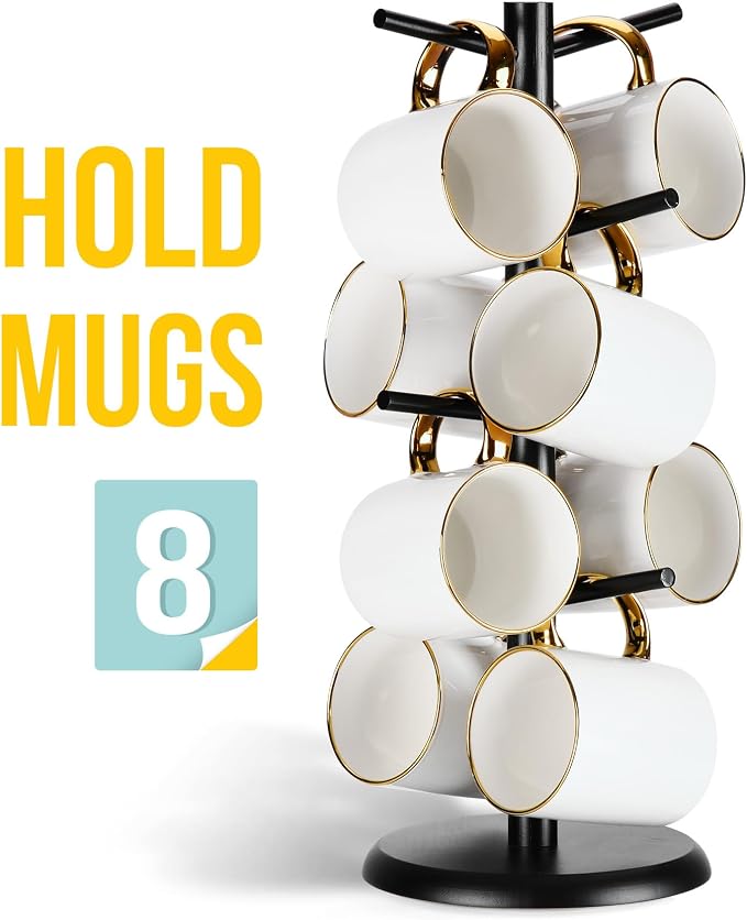 Lorbro Coffee Mug Tree with 8 Hooks, Mug Tree Stand, Wooden Coffee Cup Holder - Image 2