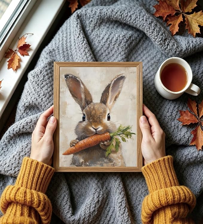 JQ7OL Vintage Wall Art Wood Framed Easter Rabbit Canvas Painting Picture Spring - Image 2