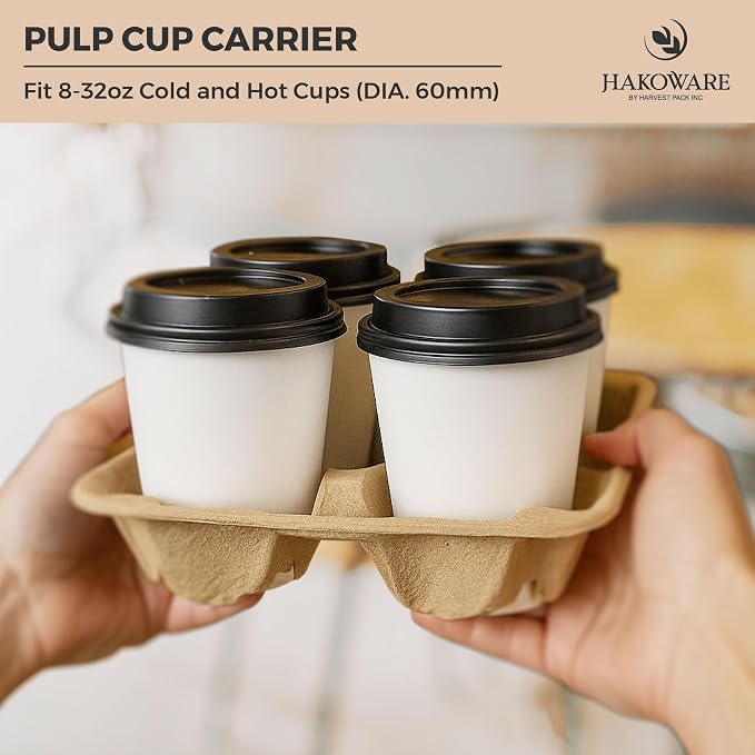 HAKOWARE 8-32oz 4 Cup Disposable Drink Carrier Trays, Compostable Pulp Fiber - Image 6