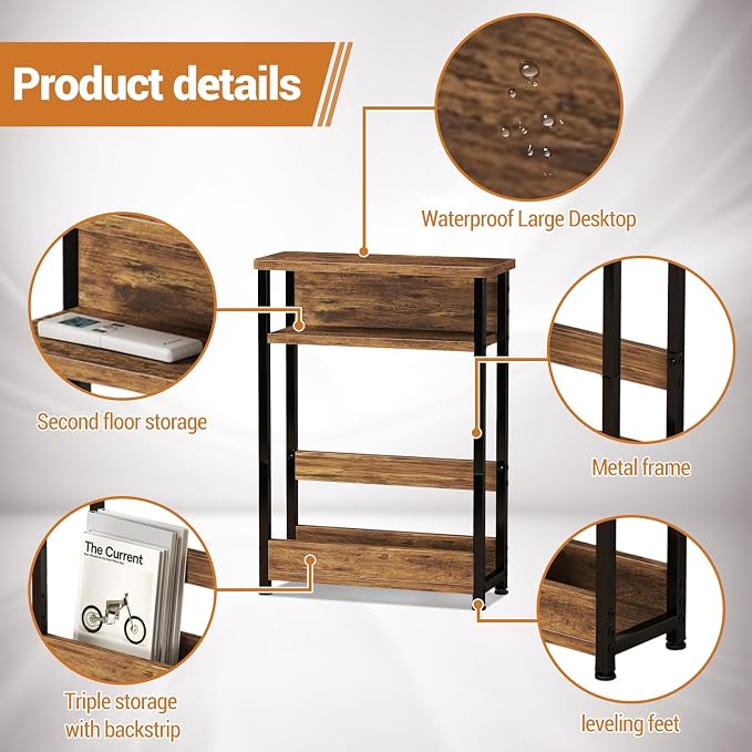 GarveeHome Narrow Side Table for Small Spaces, 3 Tier Small End Table - Image 6