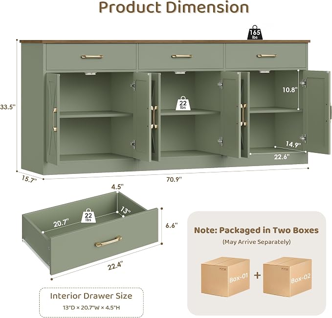HOSTACK 71" Large Sideboard Buffet Cabinet - Image 3