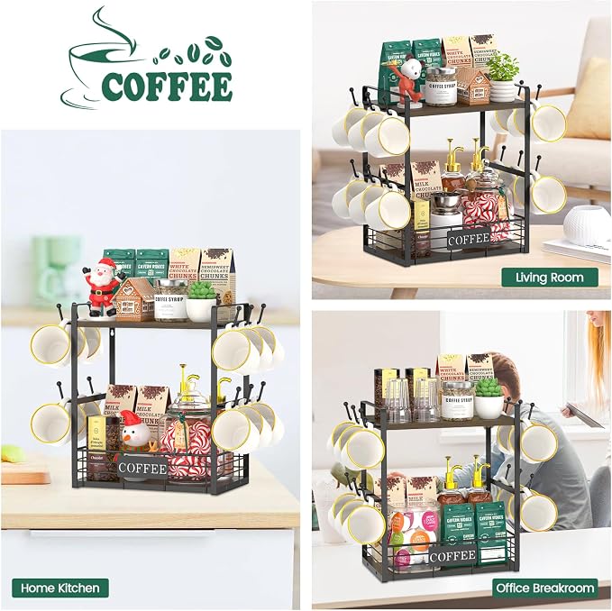 EsLuker.ly Coffee Mug Cup Holder Tree Bar Station Organizer, 2 Tier Mug Stand - Image 6