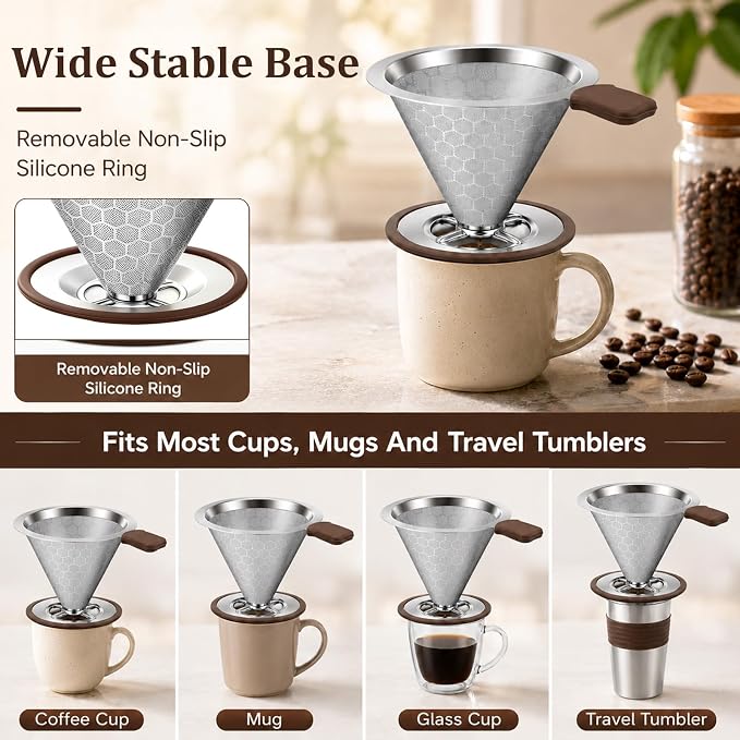 Pour Over Coffee Dripper, Stainless Steel Coffee Filter 600 Mesh Ultra-Fine - Image 5