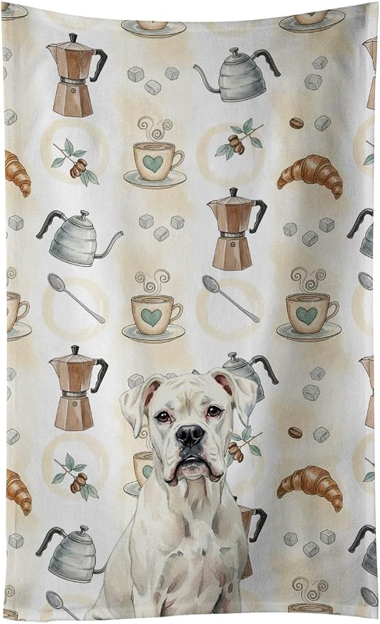 Caroline's Treasures White Boxer Coffee Bar Kitchen Towel Velour Plush Front by CarolinesTreasures