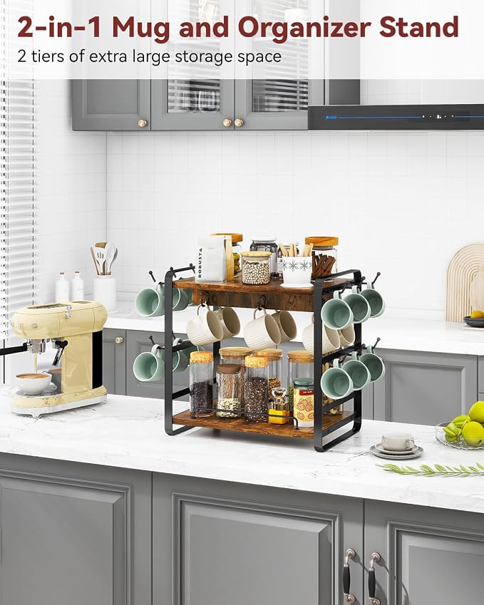 IBUYKE Coffee Bar Station Countertop Organizer, 2 Tier Kitchen Mug Cup Holder - Image 2