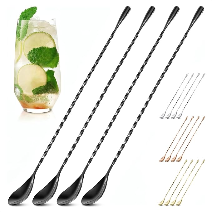 4 Pcs Black Bar Spoons Cocktail Mixing Spoon Set – 12 Inches Stainless Steel by TheLittleGreenChange