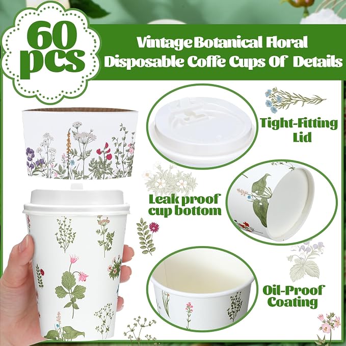 Vesici 60pcs 14oz Wildflower Botanical Coffee Cups - Image 3
