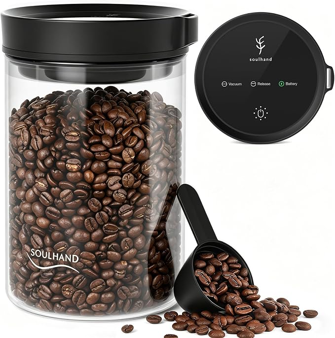 Vacuum Coffee Canister, 1.6L Electric Airtight Glass Storage Container | Auto by SOULHAND