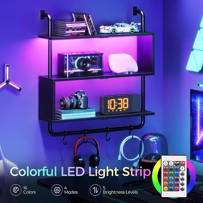 HOOBRO Floating Shelves with LED Lights, 29.5" LED Wall Mounted Gaming Shelf - Image 4