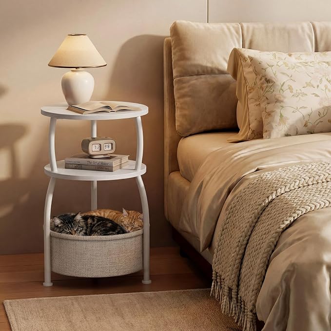 Round Side Table with Storage Basket, End Table Living Room, 15.7in | Side - Image 4