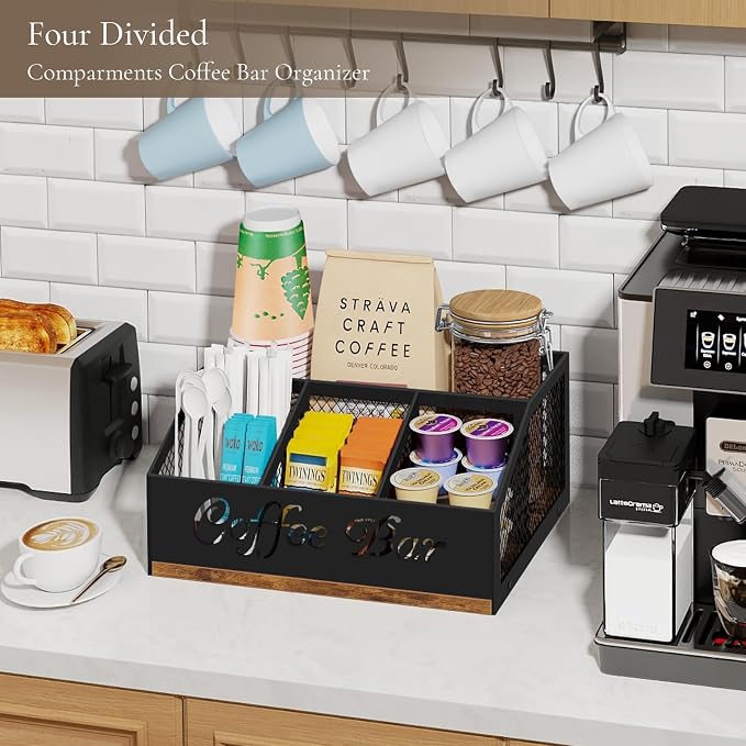 Coffee Station Organizer, Rustic Brown Wooden Countertop Coffee Bar Accessories - Image 7