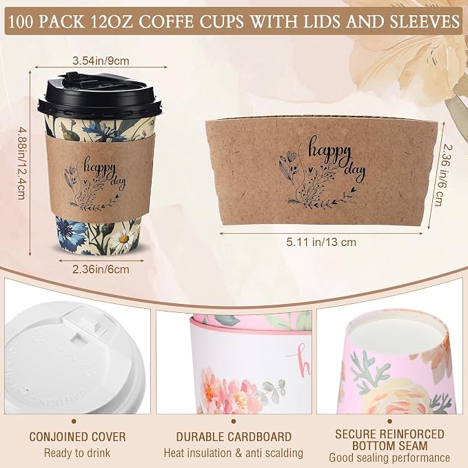 Remerry 100 Pcs 12oz Floral Disposable Coffee Cups - Image 4