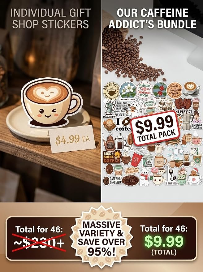 Coffee Stickers Set 46 Pack. Cute Kawaii Funny Coffee Cup Stickers - Image 2
