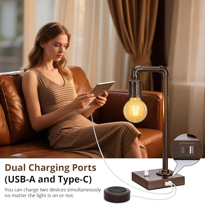 Industrial Table Lamp for Bedroom, Fully Dimmable Bedside Lamp - Image 3