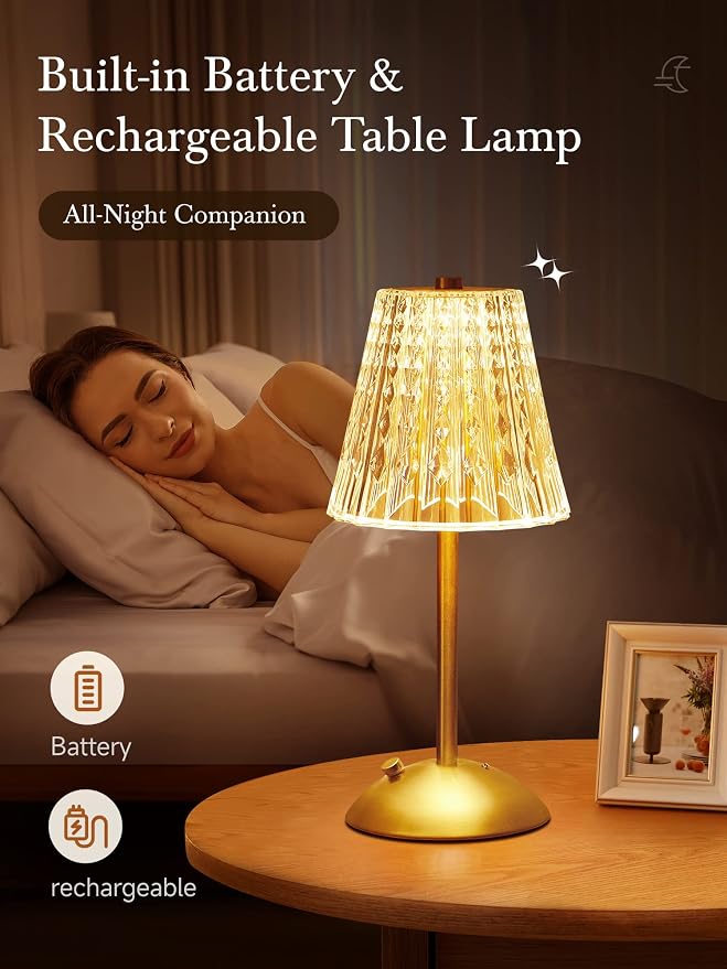One Fire Nightstand Lamps Set of 2, Dimmable Crystal Table Lamp 3 Colors Gold - Image 4