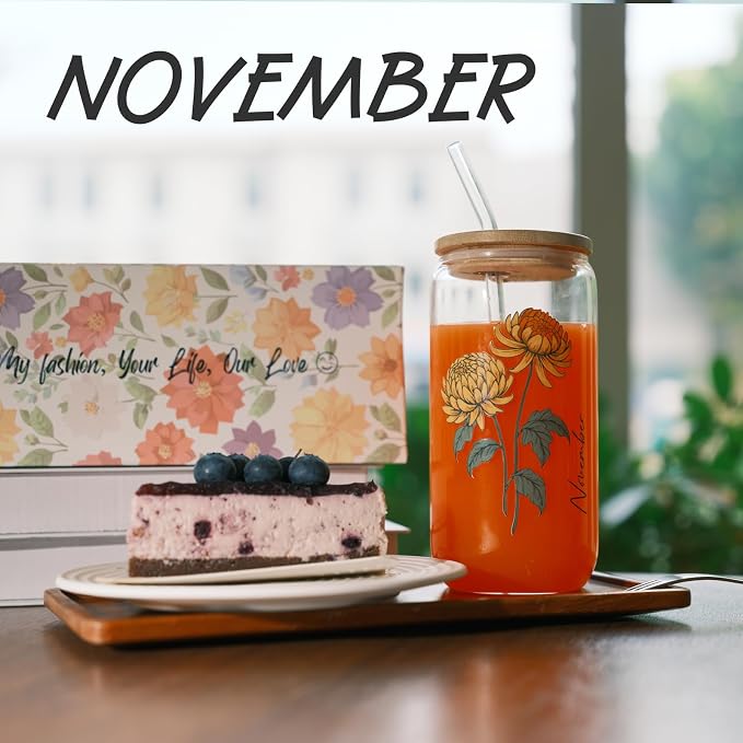 SUROQUE Birth Month Flower Iced Coffee Glass Cup 16oz Custom Tumbler Birthday - Image 2
