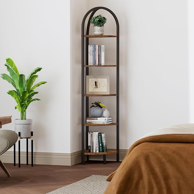 Homhedy 5-Tier Arched Corner Shelf Stand, Wall Corner Bookshelf - Image 8