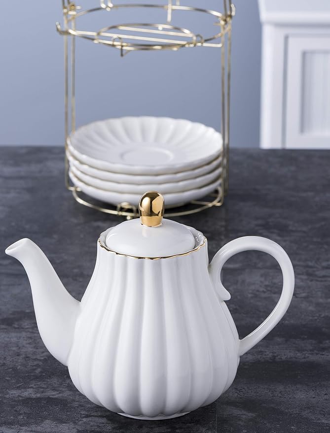 Jusalpha Porcelain Tea Set- 8 OZ White Coffee Cup/Teacup, Teapot and Creamer set - Image 4
