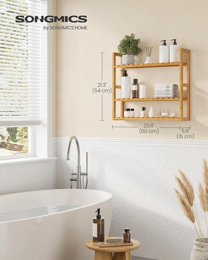 SONGMICS Bamboo Bathroom Shelf, 3-Tier Adjustable Plants Rack, Wall-Mounted or - Image 3
