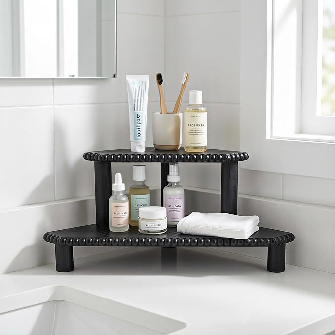 2-Tier Rustic Corner Shelf for Kitchen Counter, Wood Beaded Farmhouse - Image 9