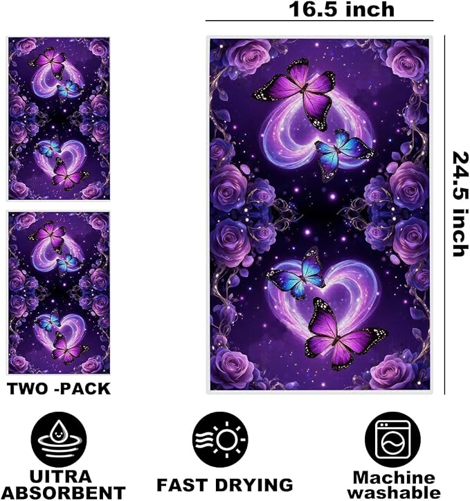 2 Pcs Purple Butterfly Kitchen Towels, Butterfly Soft Absorbent Tea Hand Towel - Image 2