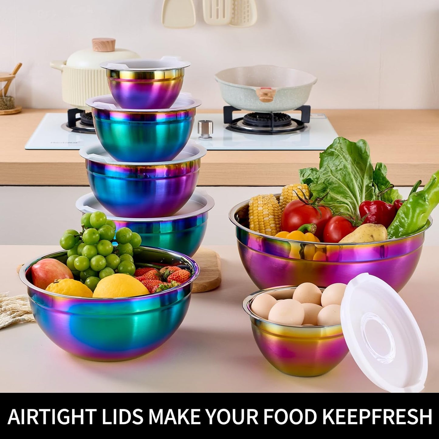 Rainbow Mixing Bowls with Lids Set of 7, Stainless Steel Nesting Bowl with Khaki Lid for Non-slip Mixing Prepping Storing Serving, 7 Sizes-7/3.6/2.7/2.1/1.5/1/0.8 QT