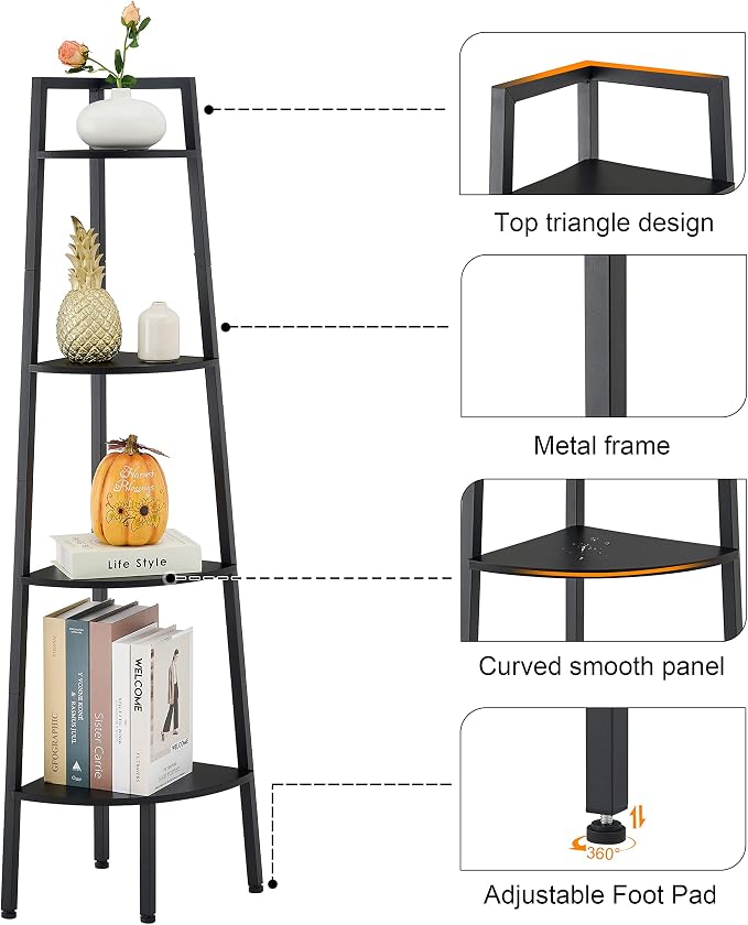 Hoctieon Corner Shelf, 4-Tier Corner Bookshelf, Rustic Ladder Shelf, Industrial - Image 8