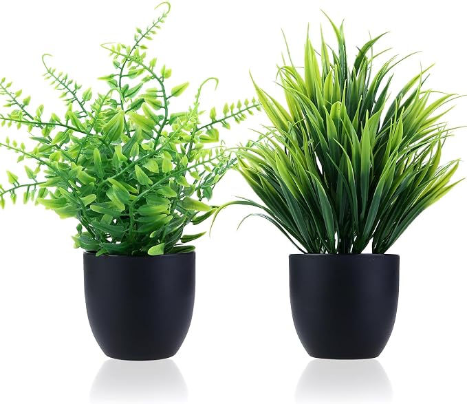 GREENTIME 2 Pack Fake Plants in Black Pot Small Artificial Plant Wheat Grass by Greentime