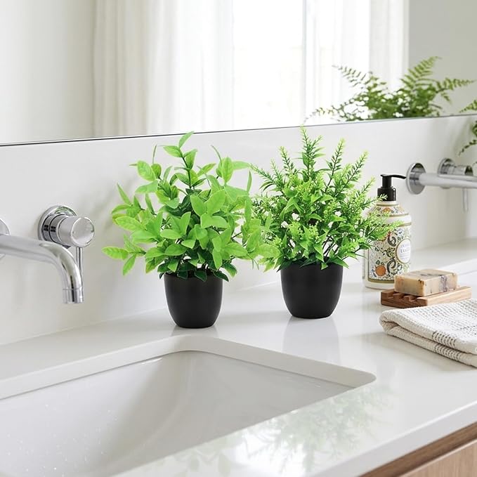 CEWOR Fake Plants 2 Pack Mini Potted Plants Bathroom Accessories Small - Image 5