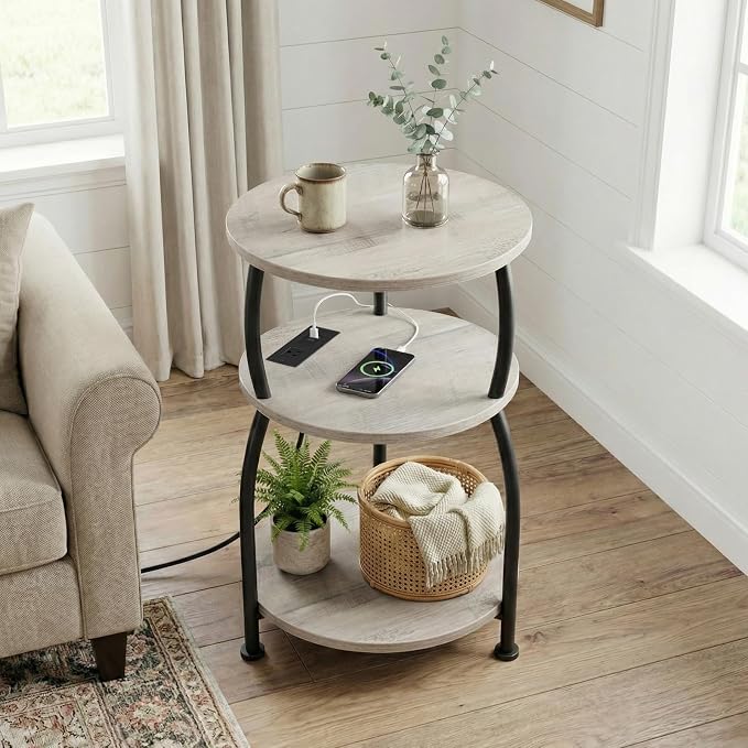 Round Side Table with Power Outlet & USB Ports, 3-Tier End Table with Storage - Image 4