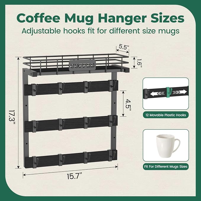 EsLuker.ly Coffee Mug Holder Wall Mounted Display Rack, Metal Cup Hanger - Image 5