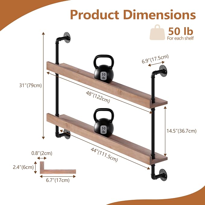 Wall Mounted Wine Rack with LED Light, LED Industrial Pipe Wine Shelf, 2-Tier - Image 2