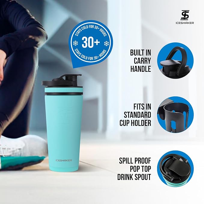 Ice Shaker Insulated Stainless Steel Shaker Bottle | 26oz, Mint | Cold - Image 3