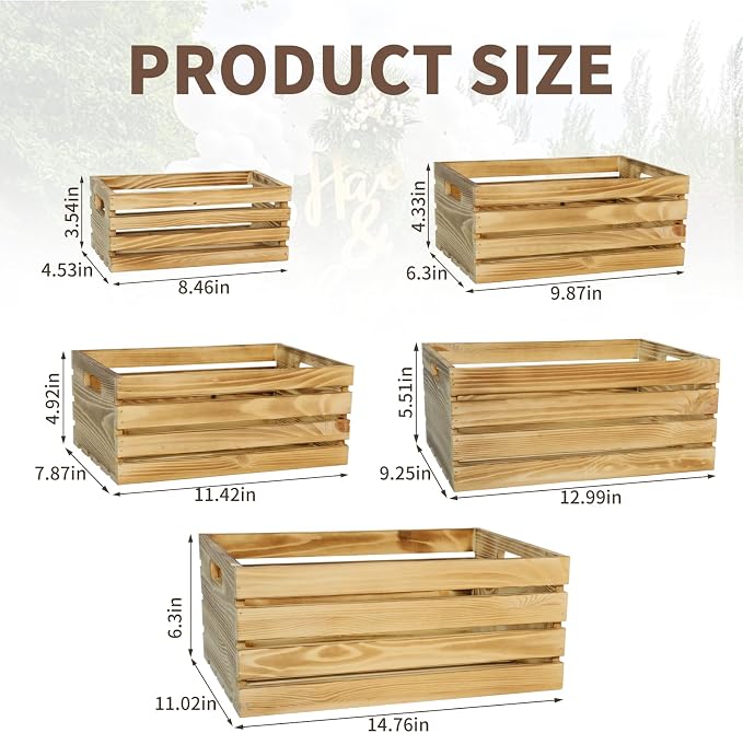 5 Pcs Decorative Wood Crates for Display, 5 Size Large Farmhouse Wooden Basket - Image 3