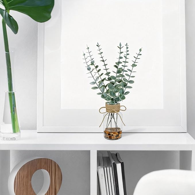 2 Pack Artificial Eucalyptus Stems in Glass Vases, Small Faux Plants - Image 3